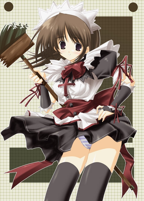 yaegashi nan, saba (sio), 1girl, black thighhighs, blue panties, bonnet, bow, broom, brown eyes, brown hair, dress, female focus, hand on own hip, maid, maid headdress, panties, pantyshot, ribbon, solo, striped clothes, striped panties, thighhighs, underwear, zettai ryouiki
