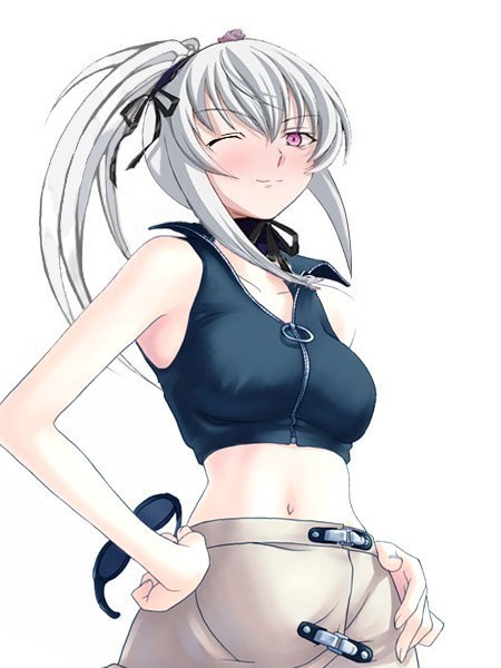 saba (sio), suigintou, rozen maiden, silver hair, third-party edit, 00s, 1girl, aged up, blush, female focus, hands on own hips, holding, holding removed eyewear, midriff, one eye closed, pink eyes, ponytail, simple background, solo, sunglasses, twintails, unworn eyewear, white background
