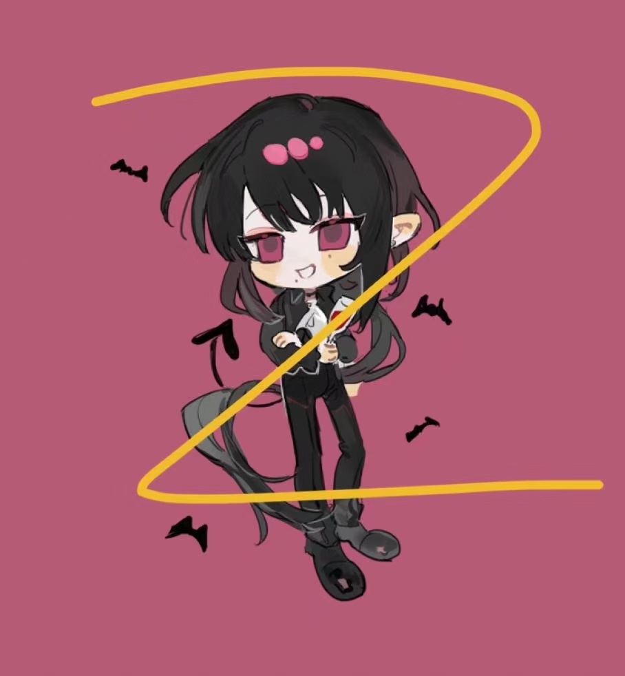 qyzhiaiyisheng, original, 1boy, ascot, bat (animal), black hair, chibi, chibi only, crossed arms, full body, hair between eyes, jacket, long hair, long sleeves, male focus, mole, mole under eye, mole under mouth, open mouth, pants, pointy ears, red background, red eyes, solo, white ascot