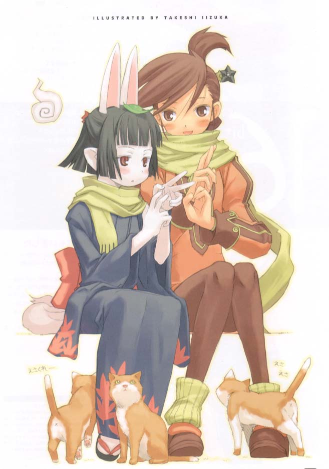 kuroboshi kouhaku, akane (summon night), hasaha, summon night, summon night 2, 2girls, ahoge, animal ears, black hair, blush, brown eyes, brown hair, cat, japanese clothes, kimono, multiple girls, ninja, pale skin, pantyhose, pointy ears, rabbit ears, red eyes, sandals, scarf, short hair, sitting, socks, yukata, zouri