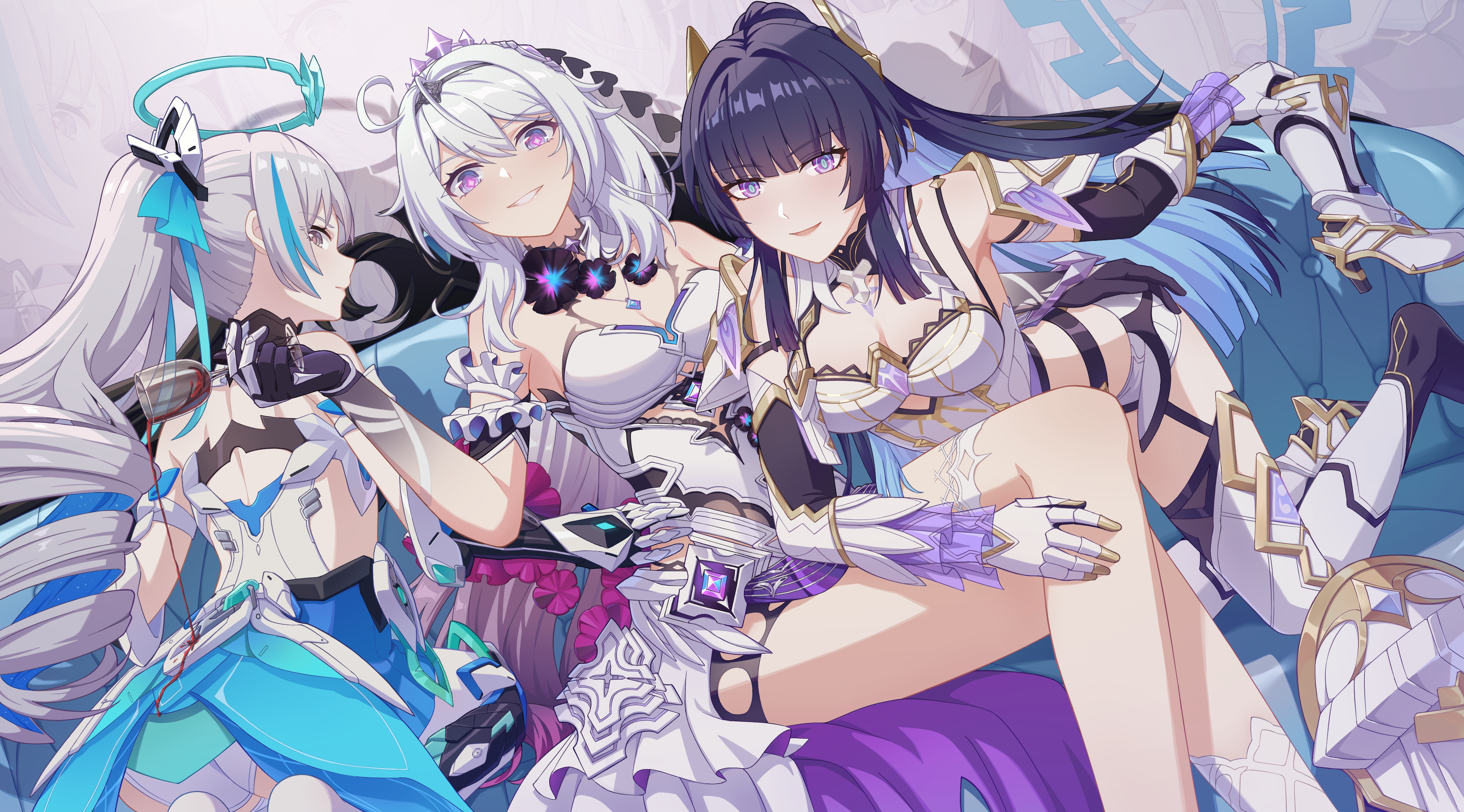 nanoha and fate, bronya zaychik, bronya zaychik (herrscher of reason), kiana kaslana, kiana kaslana (herrscher of finality), raiden mei, raiden mei (herrscher of origin), honkai (series), honkai impact 3rd, holding footwear, absurdres, highres, 3girls, ahoge, armor, armored dress, blue dress, blue eyes, blue hair, blue halo, boots, breasts, cleavage, corset, crossed legs, cup, dress, fake horns, gloves, grey eyes, grey hair, halo, holding, holding boots, holding cup, holding unworn clothes, horns, large breasts, long hair, looking at viewer, micro shorts, multicolored hair, multiple girls, purple eyes, purple hair, purple hands, shorts, sitting, streaked hair, thighhighs, tiara, two-tone hair, unworn boots, very long hair, white boots, white corset, white dress, white gloves, white hair, white shorts, white thighhighs