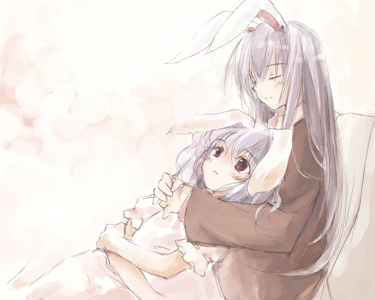 yukitarou (awamori), inaba tewi, reisen udongein inaba, touhou, light purple hair, 2girls, animal ears, black eyes, blazer, closed eyes, female focus, hug, hug from behind, jacket, long hair, multiple girls, rabbit ears, short hair, sketch, sleeping, straight hair, wavy hair