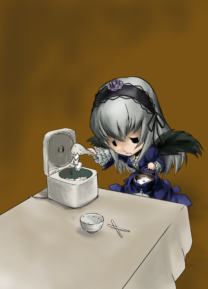saba (sio), suigintou, i asked for scrambled, rozen maiden, silver hair, 1girl, bowl, chopsticks, female focus, fine art parody, food, goth fashion, hungry, parody, rice, rice bowl, rice cooker, solo