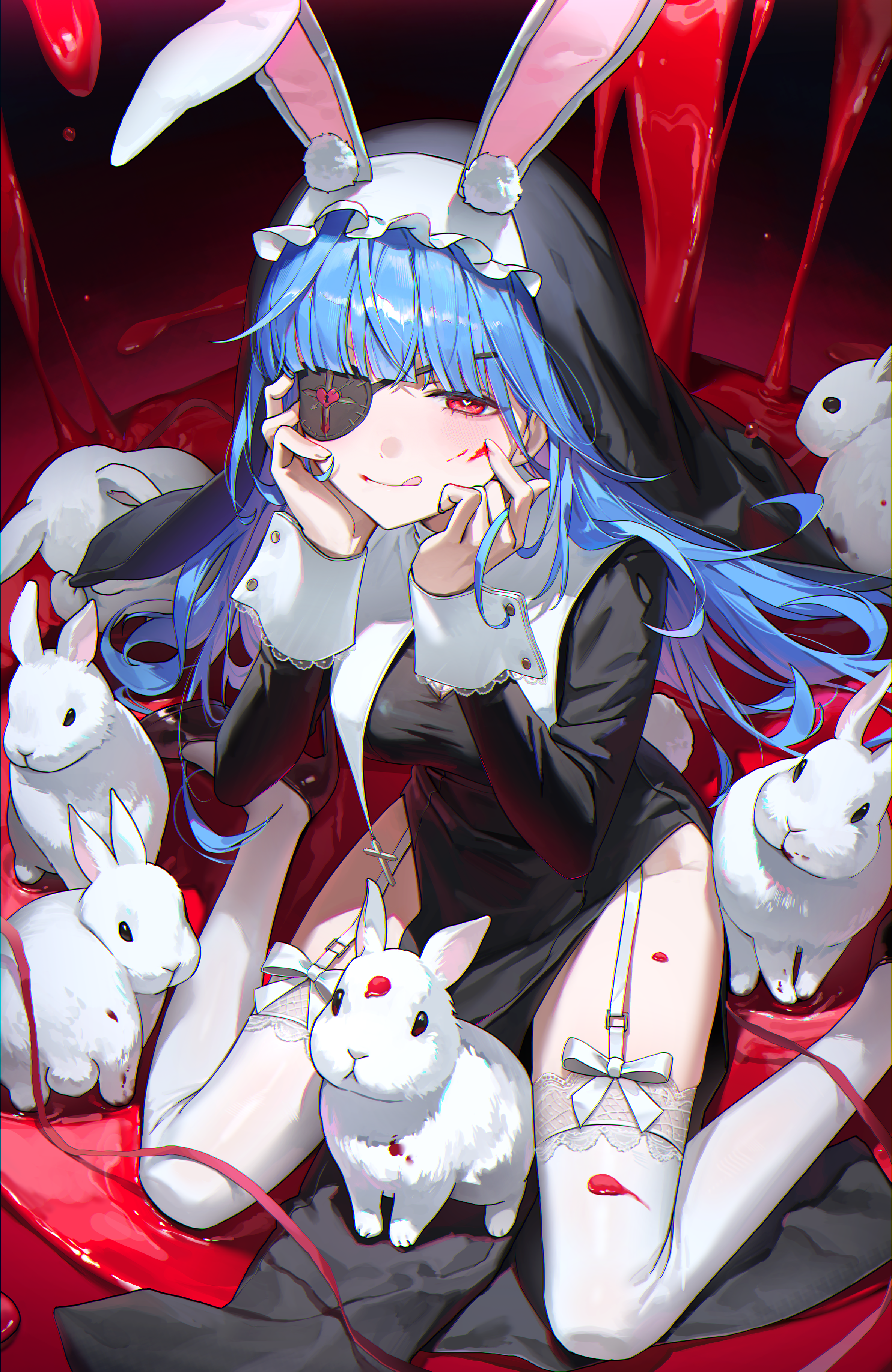 ryugisa, original, absurdres, highres, 1girl, :q, ambiguous red liquid, animal ears, black leotard, black shoes, black veil, blue hair, blunt bangs, blush, breasts, bunny day, cross, eyepatch, fake animal ears, fake tail, garter straps, guimpe, hands on own cheeks, hands on own face, heart, heart-shaped pupils, high heels, lace, lace-trimmed thighhighs, lace trim, leotard, long hair, long sleeves, looking at viewer, medium breasts, nontraditional playboy bunny, nun, pelvic curtain, rabbit, rabbit ears, rabbit tail, red eyes, ribbon, shoes, sitting, smile, solo, symbol-shaped pupils, tail, thighhighs, tongue, tongue out, veil, wariza, white rabbit (animal), white ribbon, white sleeve cuffs, white thighhighs