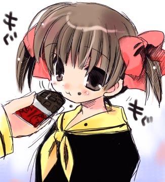 fukuzawa yumi, maria-sama ga miteru, lowres, 00s, 1girl, candy, chocolate, chocolate bar, eating, female focus, food, oekaki, ribbon, school uniform, serafuku, short twintails, solo, twintails