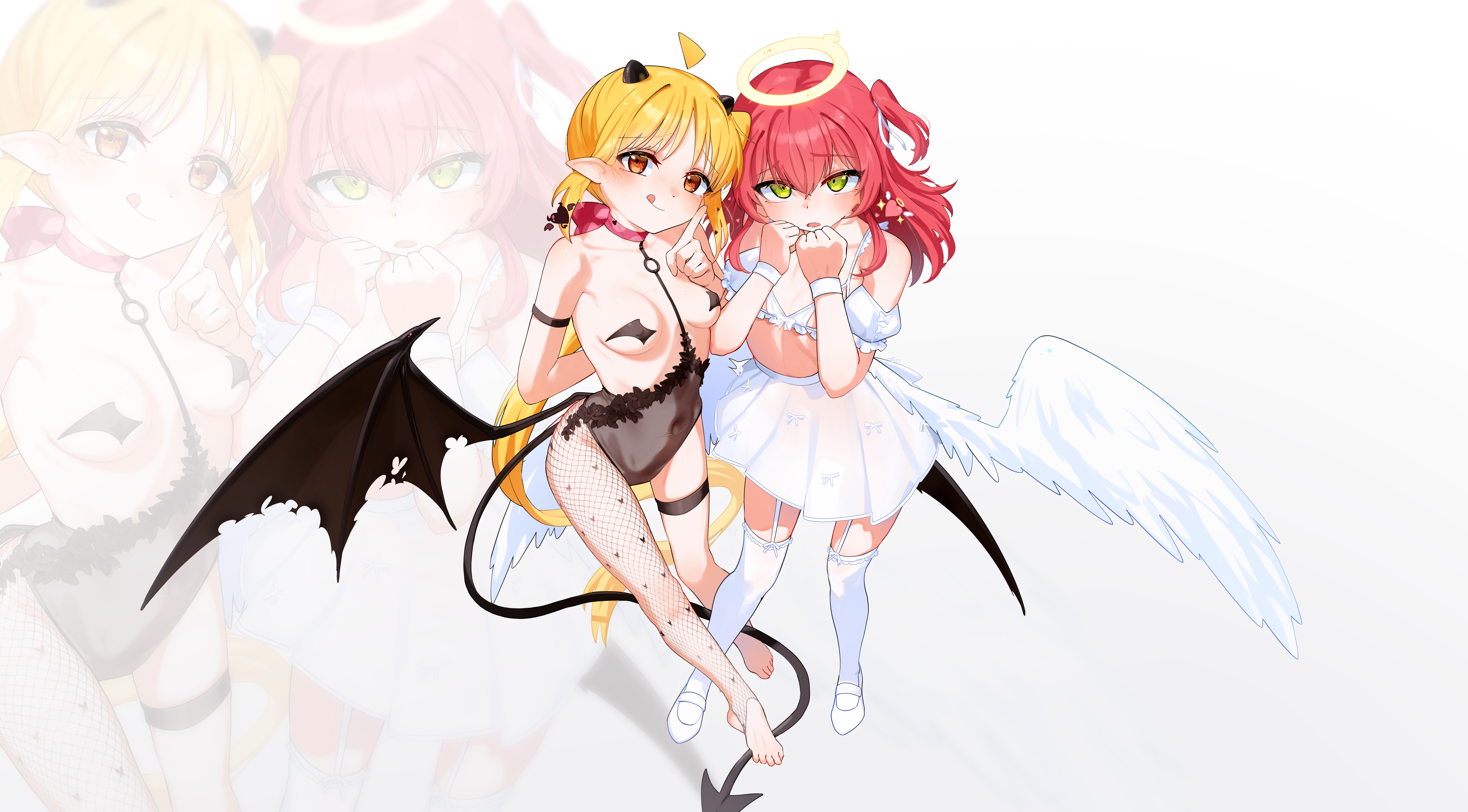 eltir, ijichi nijika, kita ikuyo, bocchi the rock!, absurdres, highres, 2girls, angel wings, bare shoulders, blonde hair, bra, breasts, brown eyes, choker, collarbone, covered navel, demon wings, fishnet pantyhose, fishnets, green eyes, halo, long hair, looking at viewer, low wings, multiple girls, pantyhose, pasties, pleated skirt, pointy ears, red hair, see-through clothes, shoes, single leg pantyhose, skindentation, skirt, small breasts, standing, stomach, thigh gap, thigh strap, thighhighs, underwear, very long hair, white bra, white thighhighs, wings, zettai ryouiki