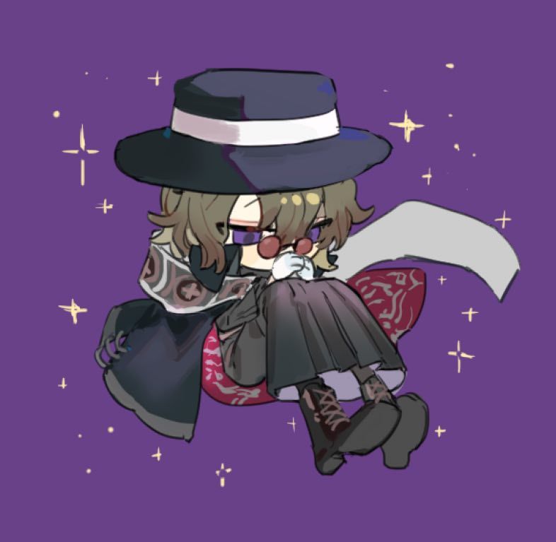 qyzhiaiyisheng, mahoutsukai no yakusoku, 1boy, black boots, black hat, blonde hair, boots, cape, chibi, chibi only, full body, glasses, gloves, hair between eyes, hat, long sleeves, male focus, purple background, purple eyes, scarf, short hair, solo, sparkle, sunglasses, white gloves