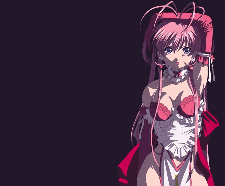 tsubomi, papillon rose, lingerie senshi papillon rose, 00s, 1girl, antenna hair, armpits, arms up, black background, bra, breasts, detached collar, elbow gloves, female focus, gloves, hair between eyes, lingerie, long hair, no panties, pelvic curtain, pink hair, red bra, red gloves, solo, underwear