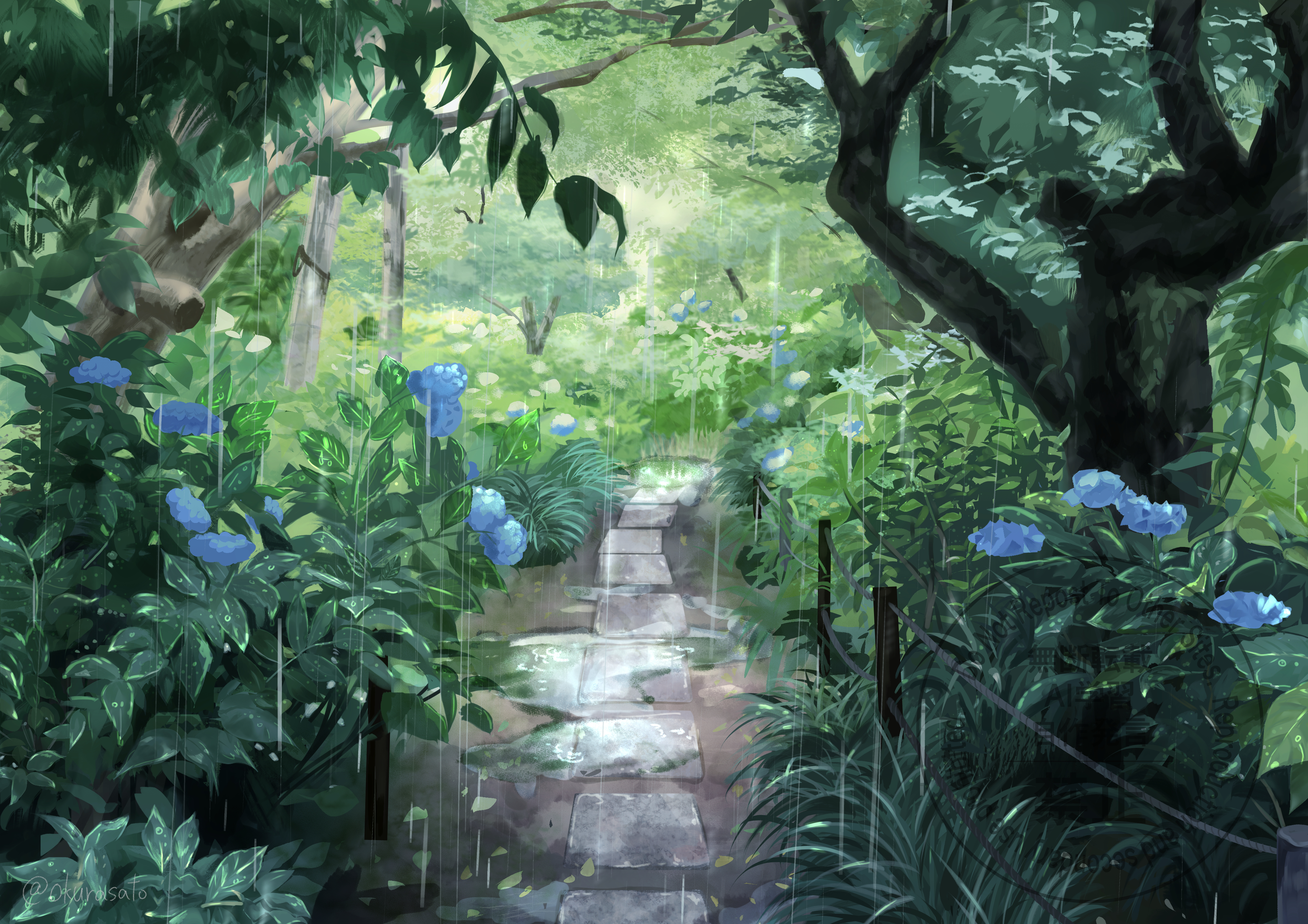 okurasato, original, absurdres, highres, blue flower, bush, day, flower, hydrangea, no humans, outdoors, path, rain, road, scenery, watermark