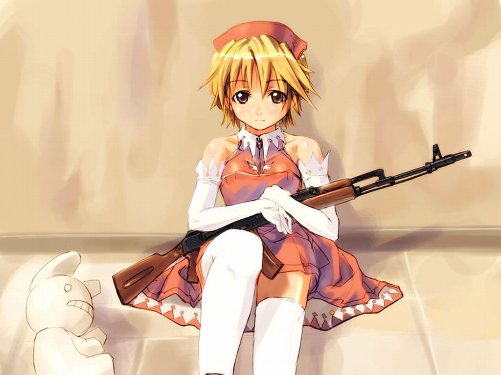 refeia, original, 1girl, against wall, ak-74, assault rifle, bare shoulders, blonde hair, brown eyes, elbow gloves, female focus, gloves, gun, kalashnikov, kalashnikov rifle, looking at viewer, rifle, short hair, sitting, solo, thighhighs, waitress, weapon, white thighhighs