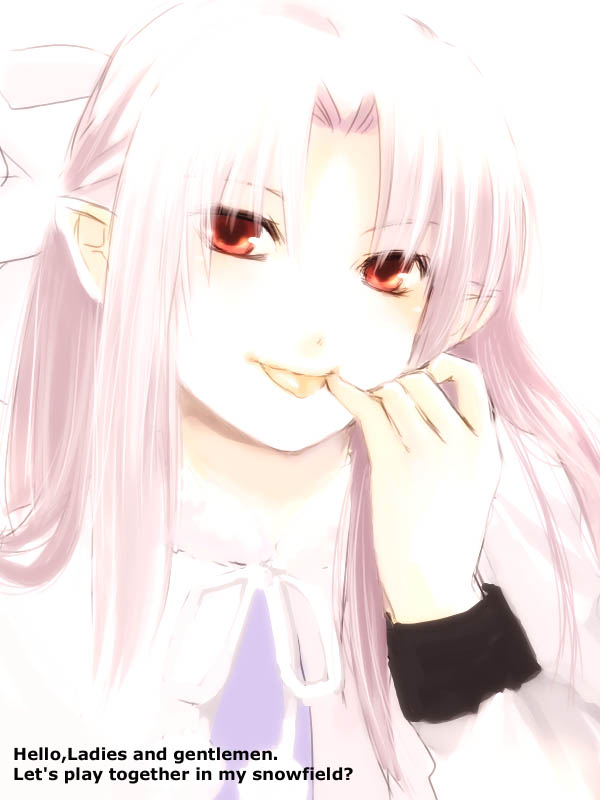 wemu (ivycrown), len (tsukihime), white len (tsukihime), melty blood, tsukihime, type-moon, light purple hair, 00s, 1girl, bow, female focus, finger in own mouth, hair bow, half updo, head tilt, long hair, looking at viewer, neck ribbon, pointy ears, red eyes, ribbon, solo, tongue, tongue out, upper body, very long hair