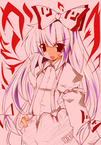shirogane (platinum), fujiwara no mokou, touhou, silver hair, 1girl, bow, female focus, hair bow, hand on own hip, large bow, long hair, looking at viewer, open mouth, red background, solo, suspenders