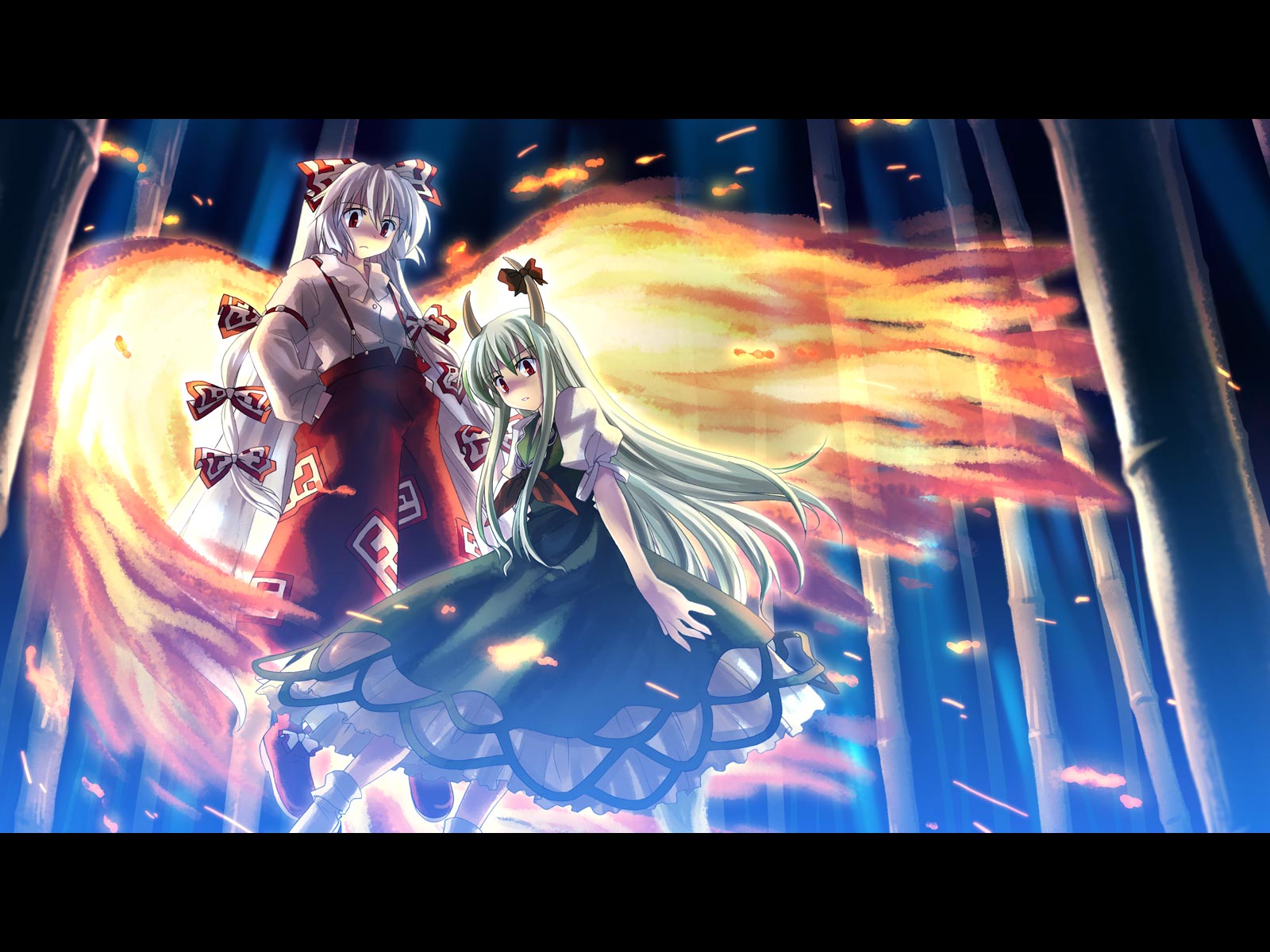 yuuki tatsuya, ex-keine, fujiwara no mokou, kamishirasawa keine, touhou, highres, 2girls, bow, dress, female focus, fiery wings, fire, floating, forest, frilled dress, frills, frown, green hair, hair bow, hands in pockets, horn ornament, horn ribbon, horns, letterboxed, long hair, multiple girls, nature, pants, red eyes, ribbon, suspenders, very long hair, white hair, wings
