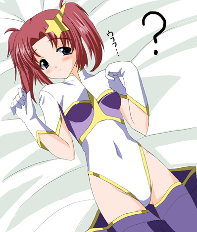 meer campbell, meyrin hawke, gundam, gundam seed, gundam seed destiny, lowres, 1girl, ?, bed, bed sheet, blush, cosplay, female focus, gloves, hair ornament, highleg, leotard, lying, meer campbell (cosplay), on back, solo, star (symbol), star hair ornament, white gloves