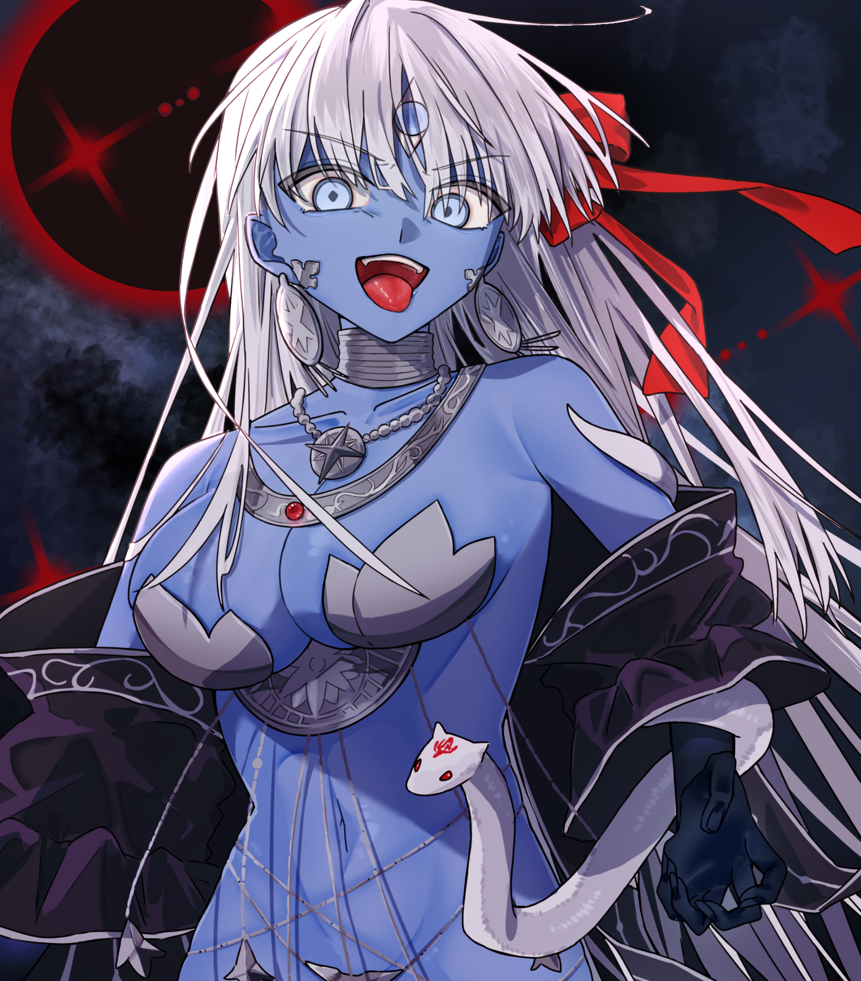 dpw6p39pwizgzdz, kali (fate), fate/grand order, fate (series), highres, 1girl, armor, bare shoulders, belly chain, bikini armor, blue eyes, blue skin, bracelet, breasts, cleavage, colored skin, earrings, extra arms, hair ribbon, jewelry, large breasts, long hair, looking at viewer, navel, neck ring, necklace, open mouth, ribbon, sash, smile, snake, third eye, tongue, tongue out, very long hair, white hair