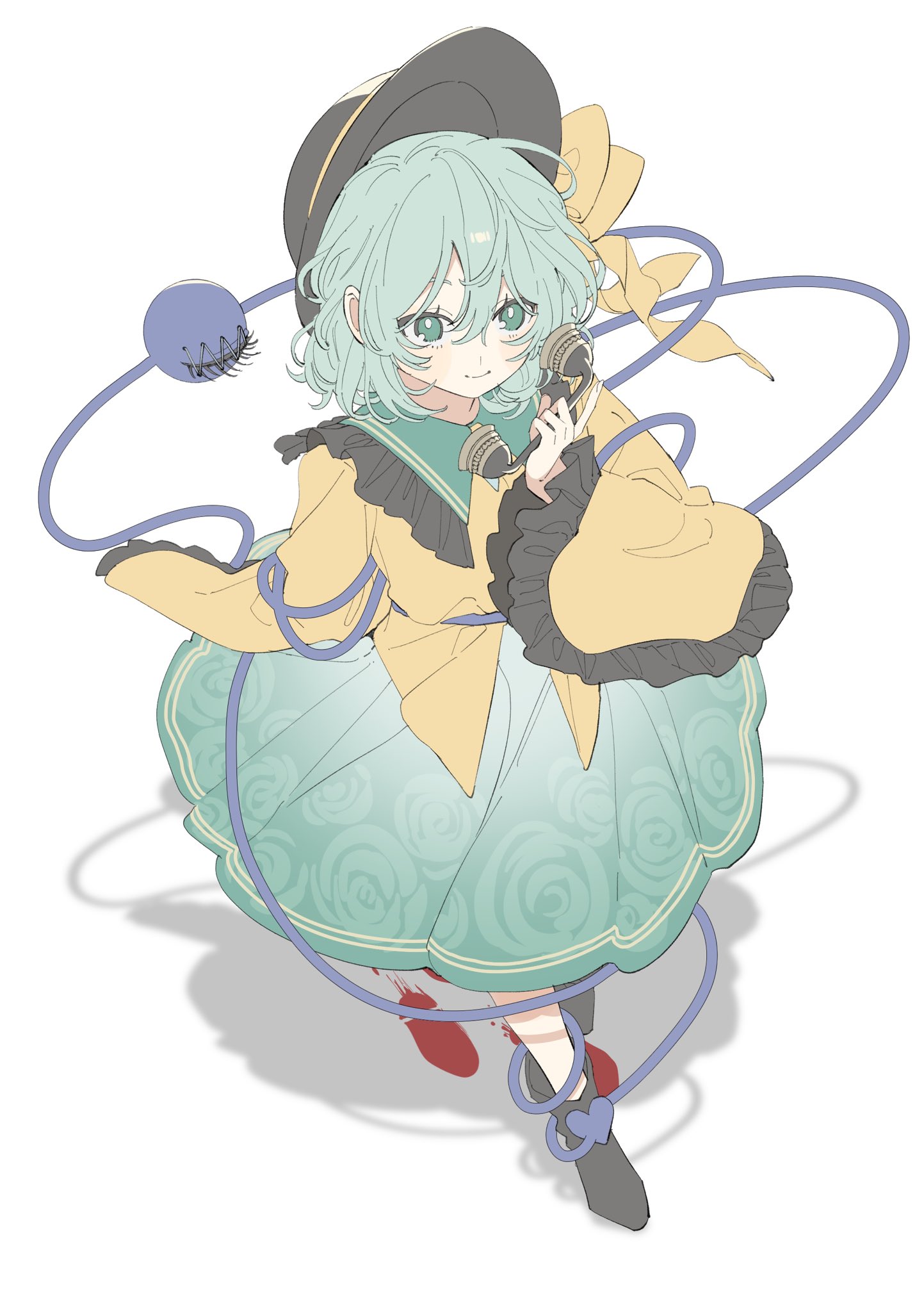 laspberry., komeiji koishi, touhou, commentary, highres, symbol-only commentary, 1girl, ankle boots, antique phone, black boots, black hat, bloody footprints, boots, closed mouth, collared shirt, floral print, footprints, frilled shirt collar, frilled sleeves, frills, green skirt, hair between eyes, hat, holding, holding phone, long sleeves, looking at viewer, phone, rose print, shirt, short hair, simple background, skirt, smile, solo, third eye, white background, wide sleeves, yellow shirt