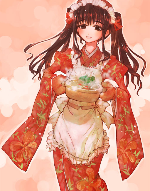 momiji mao, pot, copyright request, 1girl, apron, bonnet, brown eyes, brown hair, female focus, floral print, food, frilled apron, frills, japanese clothes, kimono, long hair, long sleeves, looking at viewer, maid, maid apron, maid headdress, oven mitts, ribbon trim, sidelocks, smile, solo, steam, twintails, wa maid, wavy hair, white apron, wide sleeves