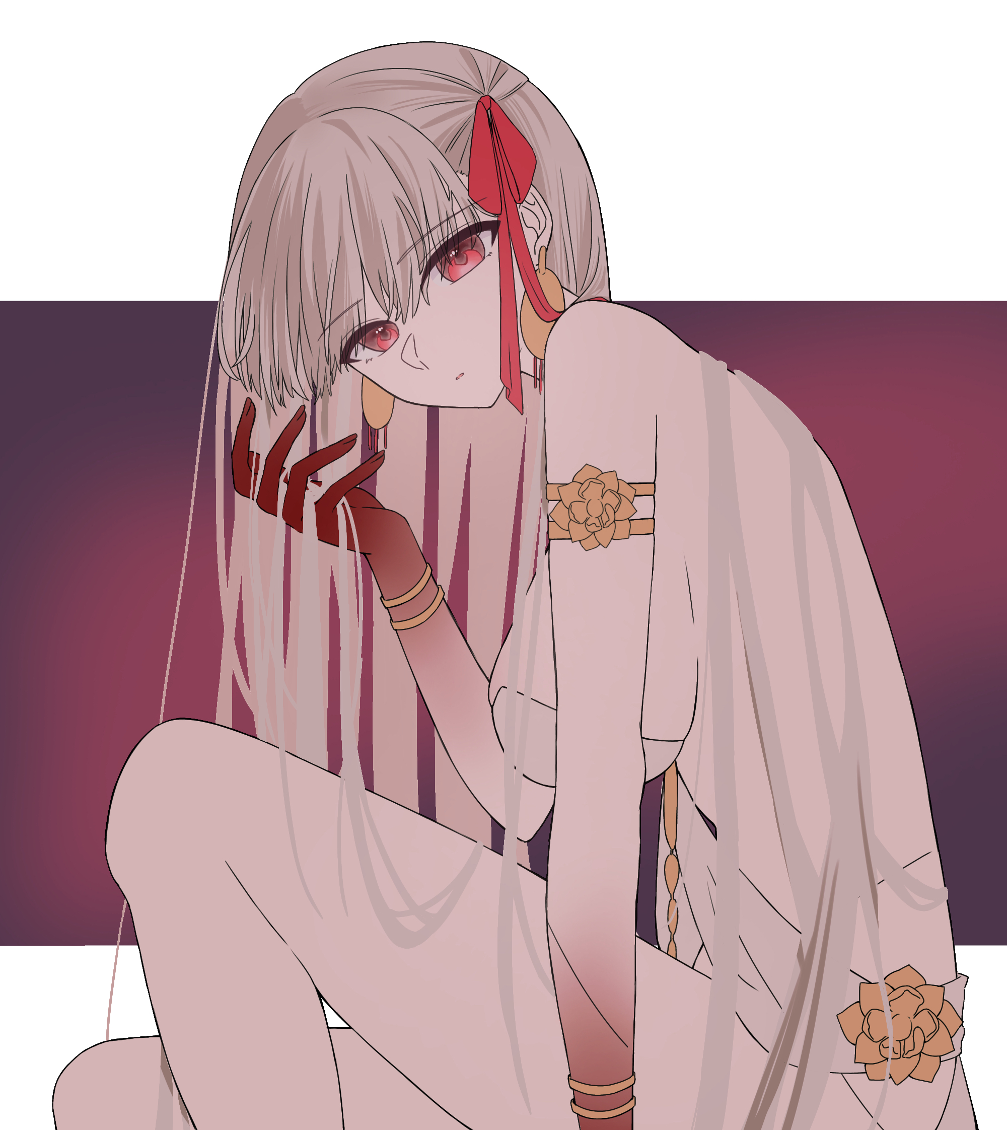 dpw6p39pwizgzdz, durga (fate), durga (first ascension) (fate), fate/grand order, fate (series), highres, 1girl, armlet, bare shoulders, belly chain, blush, bracelet, breasts, cleavage, colored extremities, dress, earrings, grey hair, hair ribbon, jewelry, large breasts, long hair, looking at viewer, red eyes, red hands, ribbon, solo, thighs, very long hair, white dress