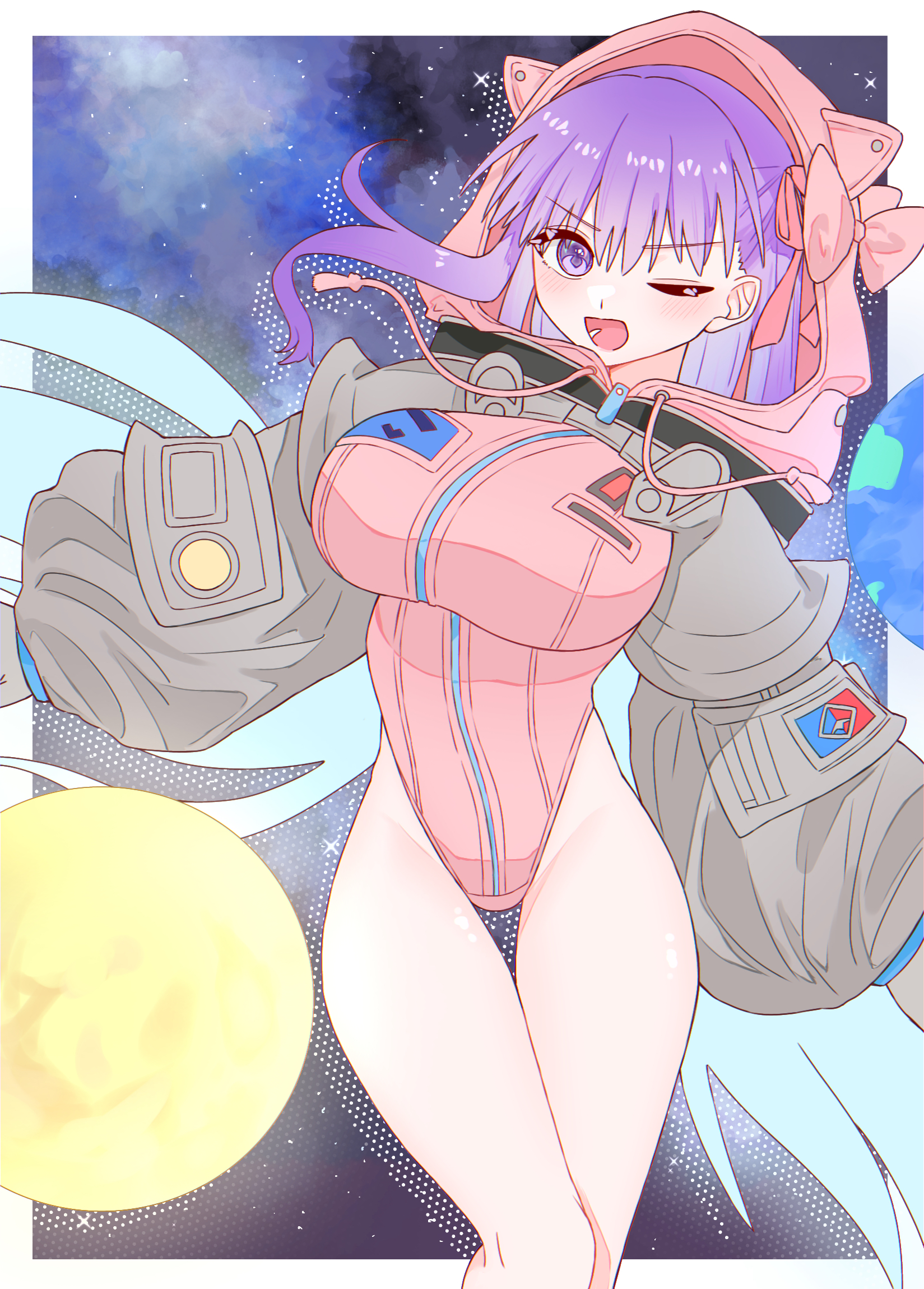 dpw6p39pwizgzdz, bb (fate), bb cosmo (fate), fate/grand order, fate (series), highres, 1girl, blush, breasts, gloves, grey gloves, grey sleeves, hair ribbon, highleg, highleg leotard, hood, large breasts, leotard, long hair, long sleeves, looking at viewer, one eye closed, open mouth, pink leotard, pink ribbon, puffy long sleeves, puffy sleeves, purple eyes, purple hair, ribbon, shrug (clothing), smile, solo, spacesuit, thighs, very long hair
