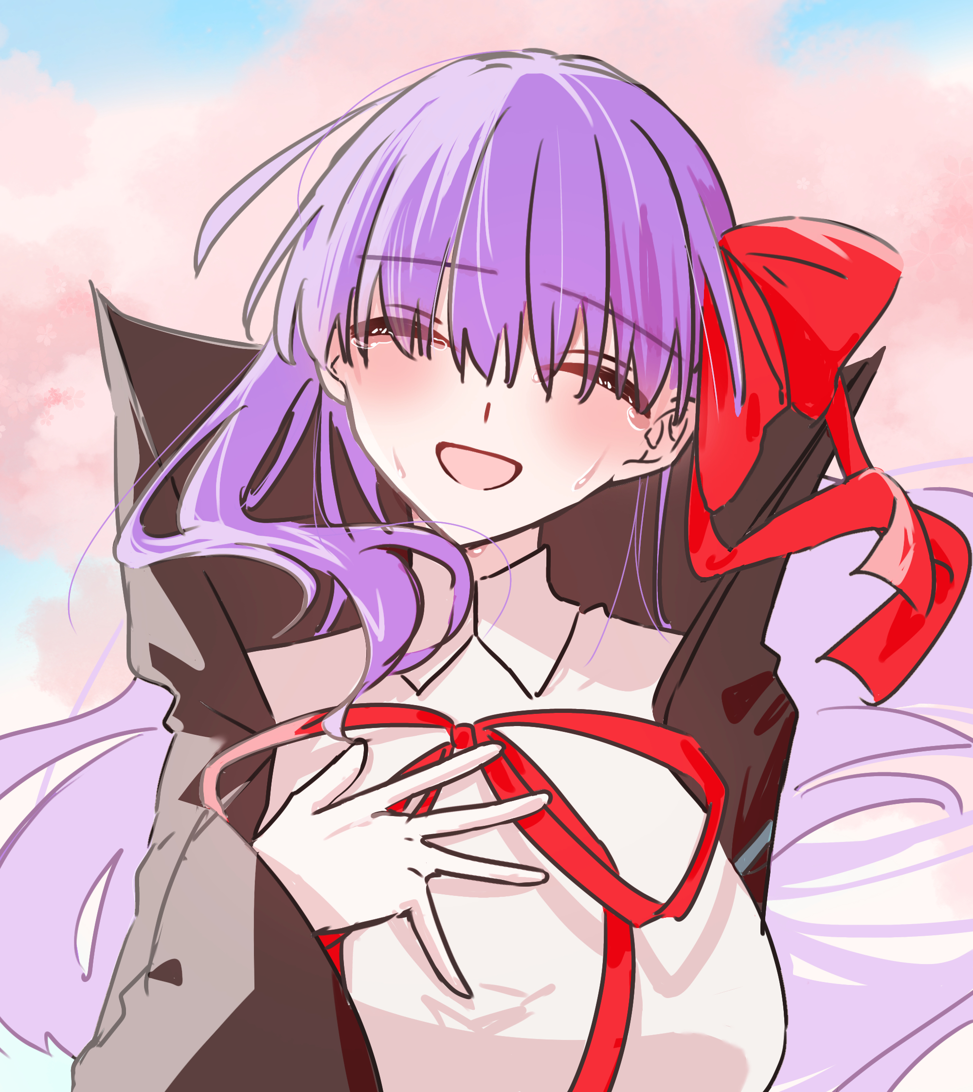 dpw6p39pwizgzdz, bb (fate), bb (fate/extra), fate/grand order, fate (series), highres, 1girl, black coat, blush, breasts, closed eyes, coat, collared shirt, crying, gloves, hair ribbon, large breasts, long hair, long sleeves, neck ribbon, open clothes, open coat, open mouth, popped collar, purple hair, red ribbon, ribbon, shirt, smile, very long hair, white gloves, white shirt, wide sleeves