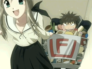 futaba rentarou, shirogane souju, futakoi, animated, animated gif, anime screenshot, lowres, 00s, qvga, running, shopping cart