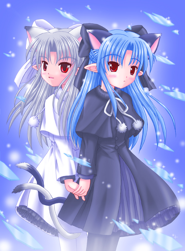 utsubo kazura, len (tsukihime), white len (tsukihime), melty blood, tsukihime, type-moon, 00s, animal ears, blue background, cat ears, holding hands, pantyhose, pointy ears, pom pom (clothes), ribbon, skirt, standing