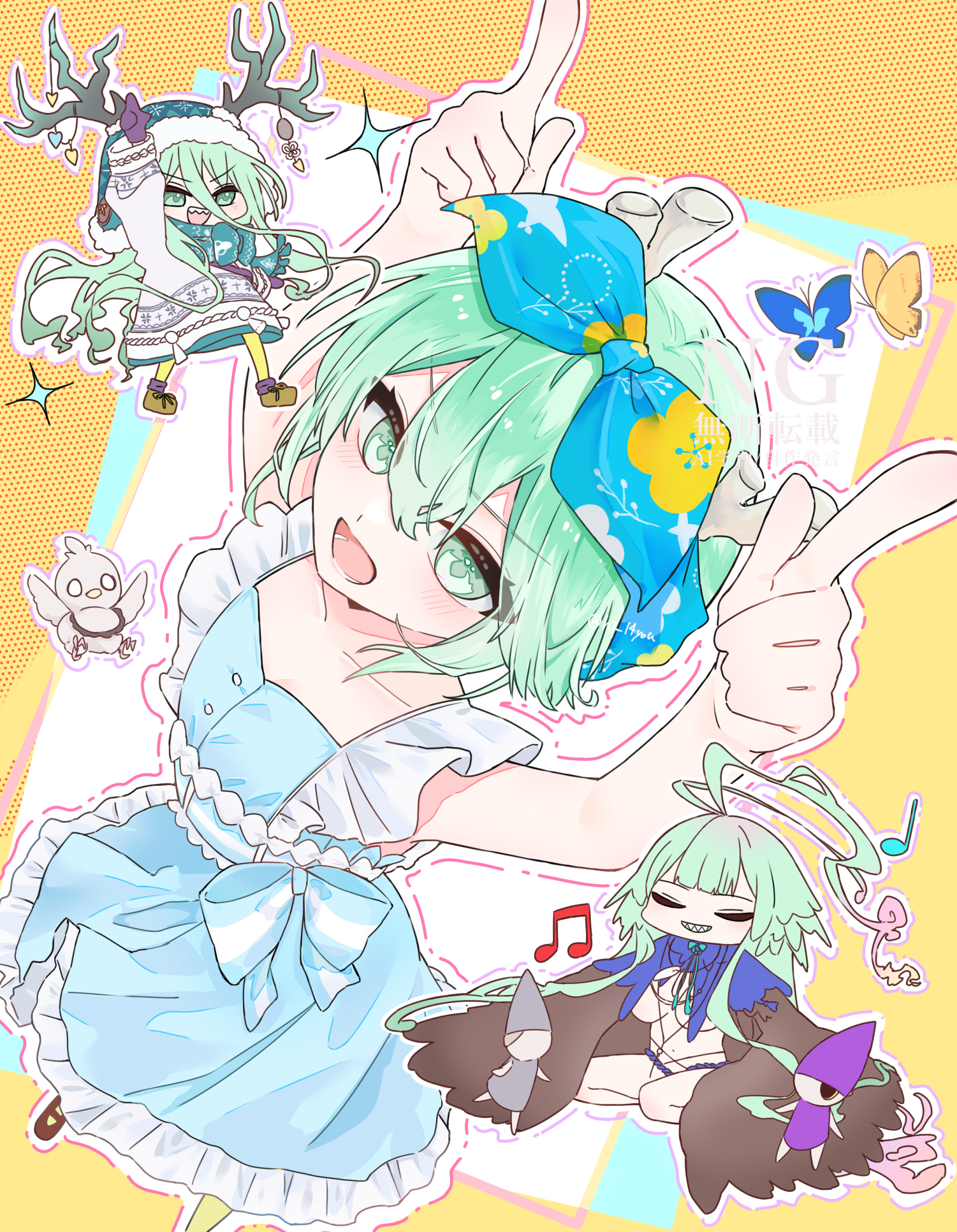 dpw6p39pwizgzdz, louhi (fate), louhi (first ascension) (fate), louhi (second ascension) (fate), louhi (third ascension) (fate), fate/grand order, fate (series), highres, 3girls, ahoge, antlers, bare shoulders, beanie, bird, blue dress, blue hat, blue ribbon, blue scarf, blush, bow, breasts, bug, butterfly, chibi, closed eyes, dress, feathered wings, feathers, green eyes, green hair, grin, hair between eyes, hair ribbon, harpy, hat, horns, insect, jewelry, large breasts, loincloth, long hair, long sleeves, looking at viewer, mittens, monster girl, multiple girls, multiple persona, navel, necklace, open mouth, pantyhose, purple mittens, ribbon, scarf, sharp teeth, short hair, sidelocks, small breasts, smile, sweater, teeth, thighs, tonttu (fate), white sweater, winged arms, wings, yellow pantyhose