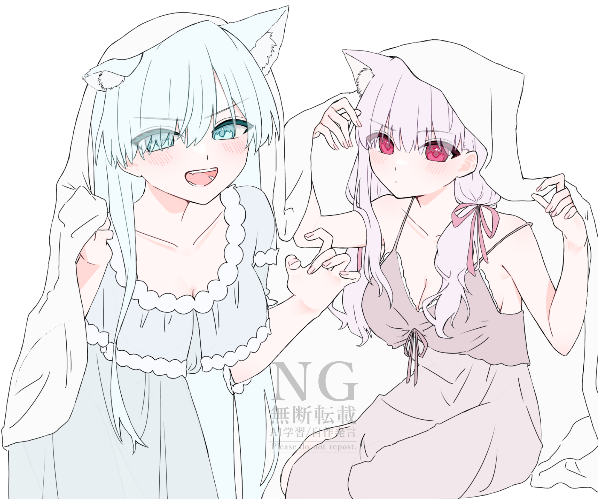 dpw6p39pwizgzdz, anastasia (fate), kama (fate), fate/grand order, fate (series), highres, animal ears, bare shoulders, blue eyes, blush, breasts, cat ears, cleavage, dress, hair over one eye, hair ribbon, large breasts, long hair, looking at viewer, low twintails, open mouth, red eyes, ribbon, smile, twintails, very long hair, white hair