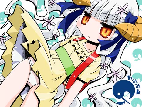 amimi, original, lowres, 1girl, arms at sides, backpack, bag, clothes lift, female focus, head tilt, horns, panties, pantyshot, randoseru, ribbon, skirt, skirt lift, solo, underwear, white hair, white panties, wind, wind lift, yellow eyes