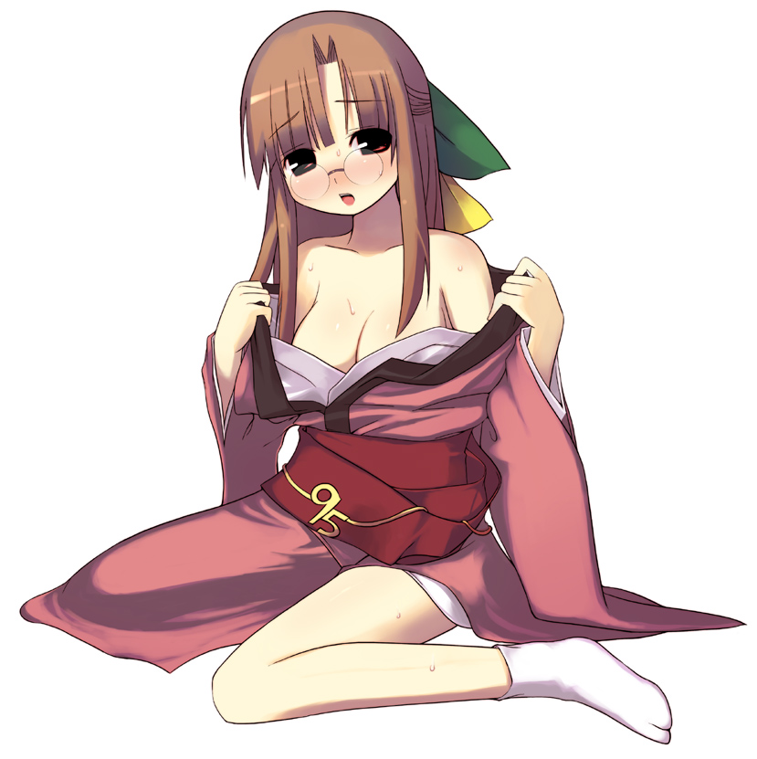 kashiwamochi yomogi, 95-tan, os-tan, white legwear, 1girl, bare shoulders, female focus, glasses, half updo, off shoulder, simple background, sitting, solo, tabi, white background
