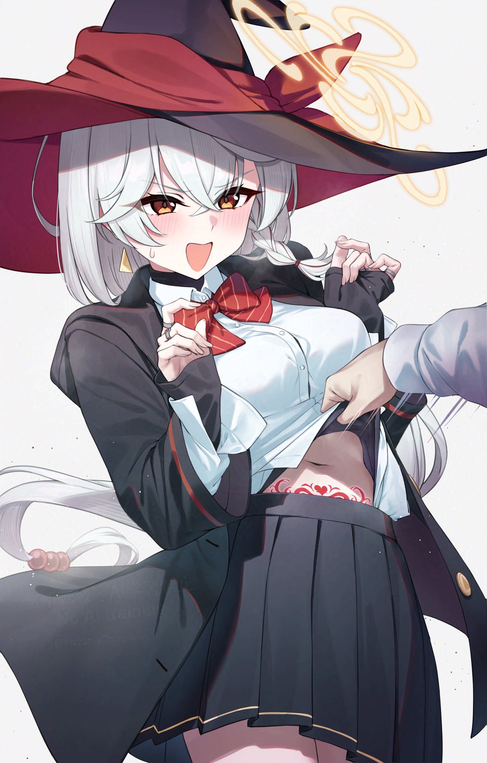 pizza (pizzania company), eri (blue archive), blue archive, absurdres, commentary request, highres, 1boy, 1girl, black skirt, blush, bow, bowtie, braid, breasts, earrings, hair between eyes, halo, hat, jacket, jewelry, large breasts, long hair, long sleeves, looking at viewer, midriff, navel, open mouth, pleated skirt, pubic tattoo, red bow, red bowtie, ring, shirt, simple background, skirt, sleeves past wrists, smile, solo, sweatdrop, tattoo, white background, white hair, white shirt, witch hat, yellow halo