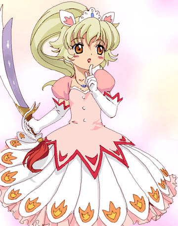 mutsuki (moonknives), tio (futagohime), fushigiboshi no futago hime, shogakukan, lowres, 00s, 1boy, animal ears, blonde hair, blush, crossdressing, crossdressing (mtf), dress, elbow gloves, finger to mouth, gloves, jewelry, long hair, male focus, necklace, open mouth, orange eyes, pointing, ponytail, solo, sword, tiara, trap, weapon