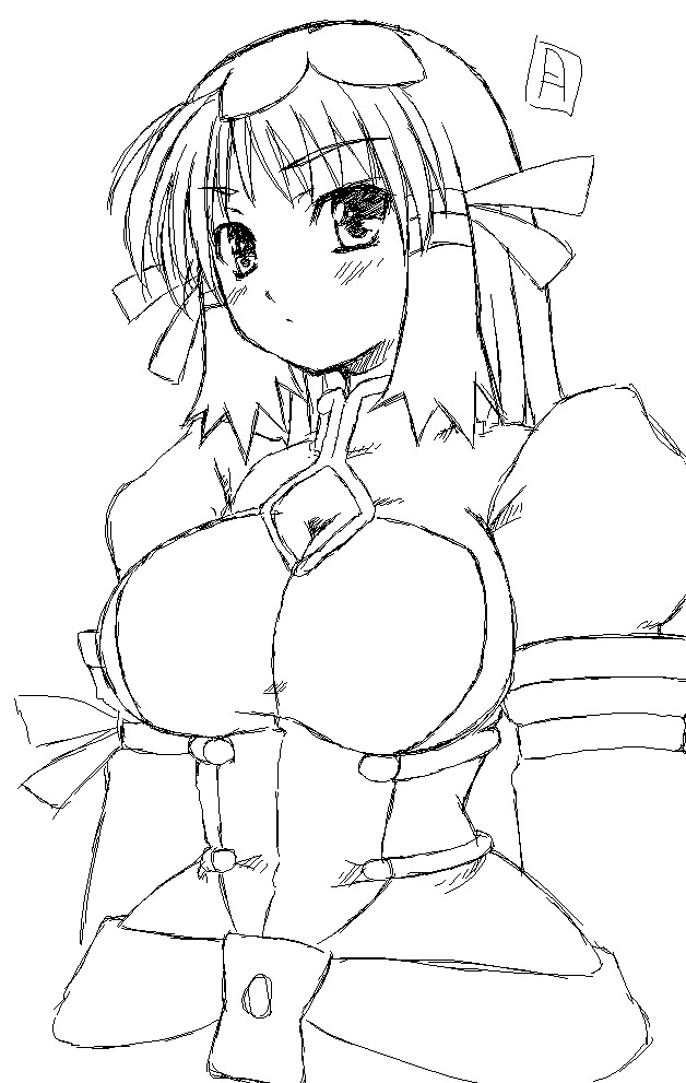 gekkou ookami, re mii, zoids, zoids genesis, 00s, 1girl, aged up, artist name, blush, breasts, cleavage, female focus, greyscale, huge breasts, large breasts, monochrome, sidelocks, simple background, sketch, solo, white background