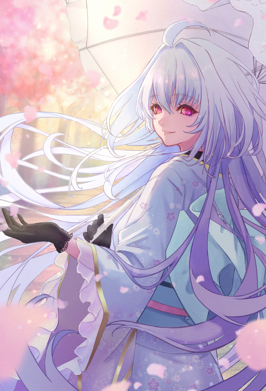 merlin (fate/prototype), fate/grand order, fate (series), commentary request, highres, 1girl, ahoge, alternate costume, black gloves, blue kimono, blurry, blurry background, cherry blossoms, cowboy shot, el (ll33512), falling petals, floating hair, floral print, floral print kimono, from behind, gloves, gradient hair, hair between eyes, holding, holding umbrella, japanese clothes, kimono, long hair, looking at viewer, looking back, multicolored hair, obi, obijime, outdoors, parasol, parted lips, petals, pink eyes, pink petals, print kimono, purple hair, sash, smile, solo, sunlight, tree, umbrella, very long hair, white hair, white umbrella, wide sleeves, wind