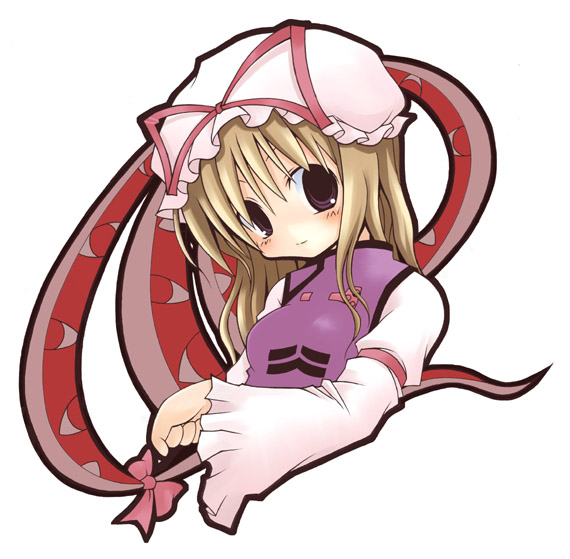 nikubanare, yakumo yukari, touhou, 1girl, blonde hair, blush, bow, female focus, gap (touhou), hat, hat ribbon, long hair, looking at viewer, purple eyes, ribbon, smile, solo, upper body