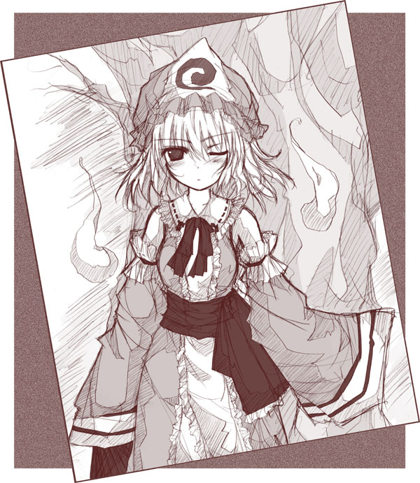 yumesato makura, saigyouji yuyuko, touhou, 1girl, blush, brown theme, female focus, hat, hitodama, japanese clothes, kimono, monochrome, obi, one eye closed, sash, short hair, solo, tree, triangular headpiece