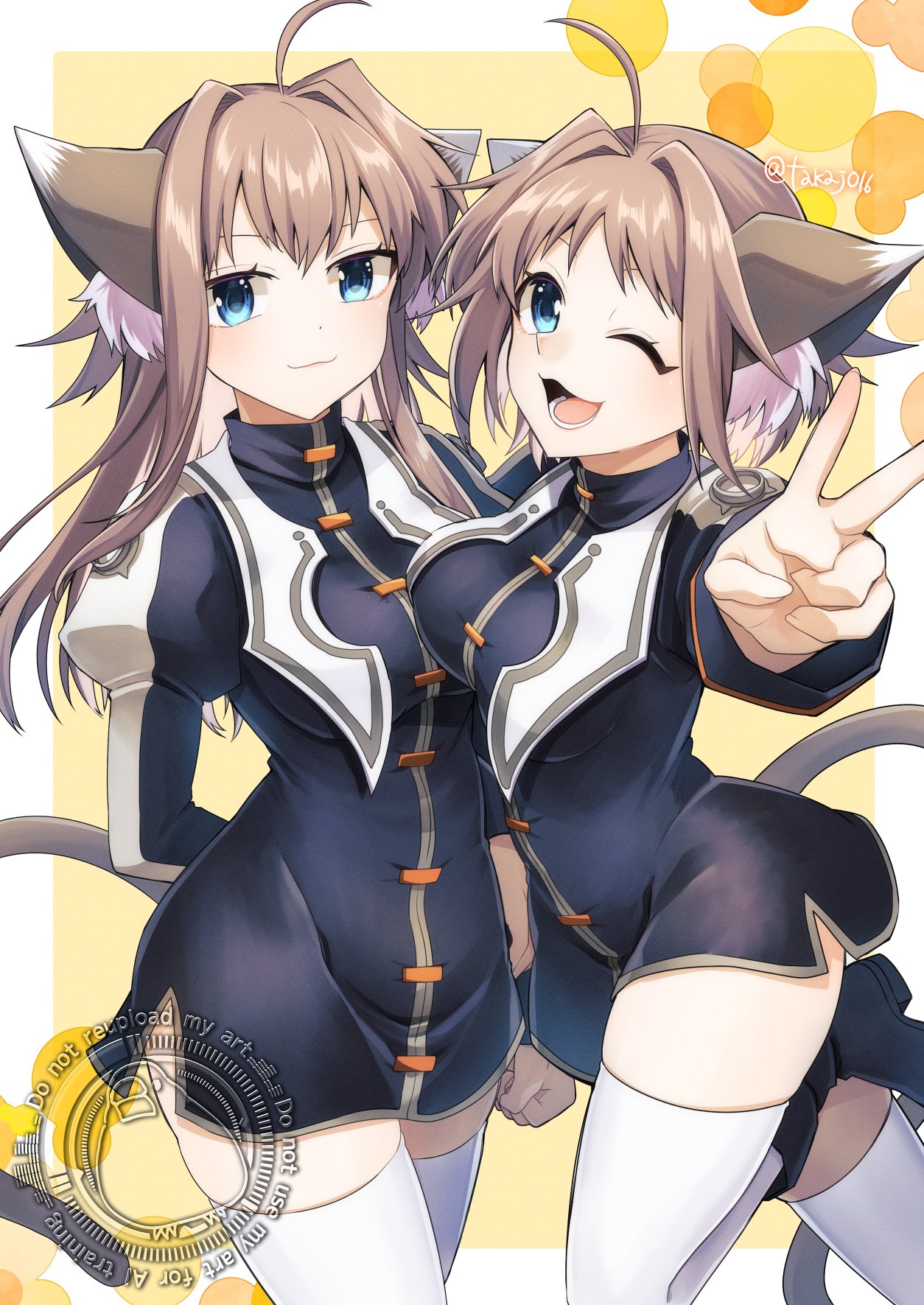 amatsuki colors, liesearia (nanoha), lieselotte (nanoha), lyrical nanoha, mahou shoujo lyrical nanoha, mahou shoujo lyrical nanoha a's, commentary request, highres, 2girls, :3, ;3, ahoge, animal ear fluff, animal ears, blue eyes, breasts, brown hair, cat ears, cat girl, cat tail, closed mouth, long hair, looking at viewer, medium breasts, multiple girls, one eye closed, open mouth, short hair, siblings, sisters, smile, tail, thighhighs, twins, twitter username, white thighhighs, zettai ryouiki