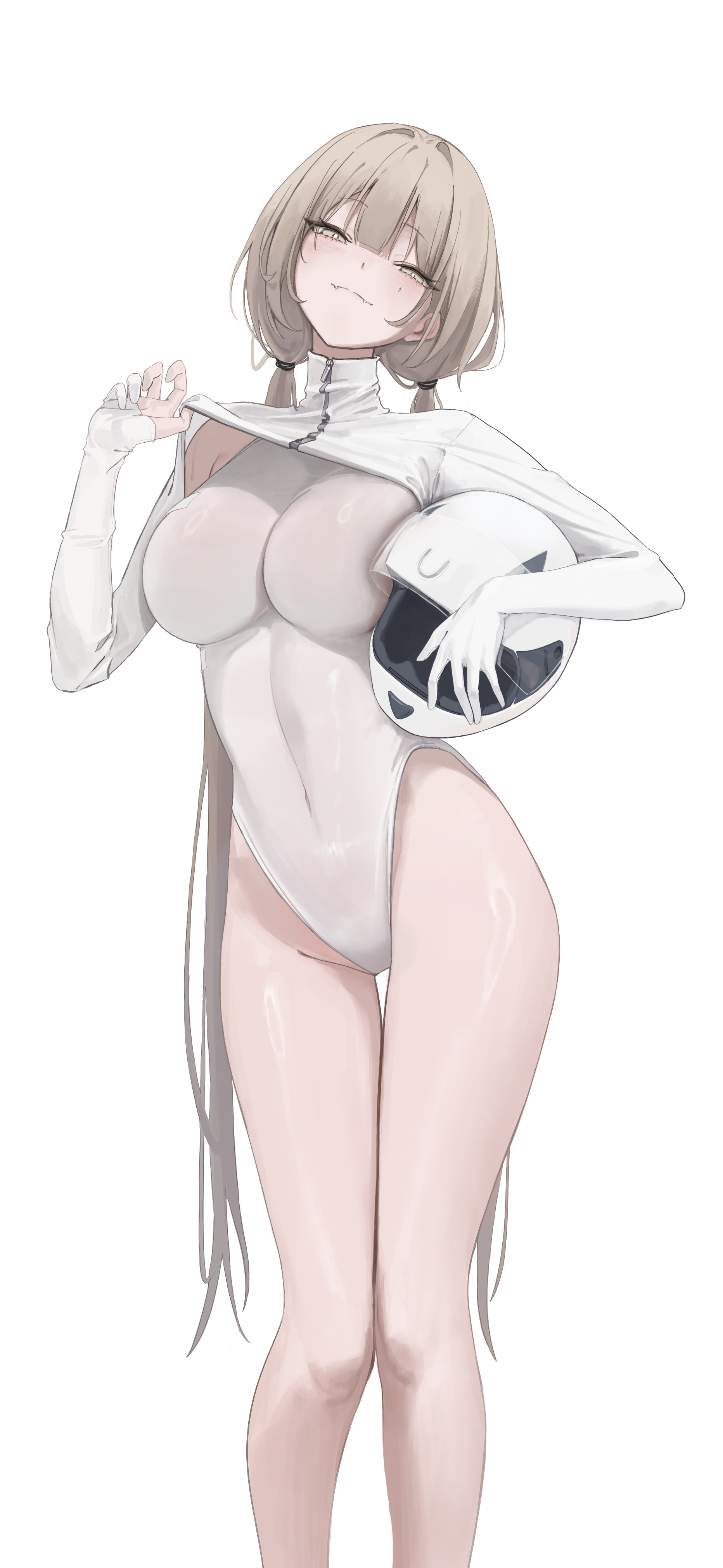 laneigu, yuzu (laneigu), original, absurdres, commentary, highres, 1girl, :3, breasts, brown eyes, brown hair, closed eyes, closed mouth, clothes lift, covered navel, fang, fangs, feet out of frame, helmet, highleg, highleg leotard, holding, large breasts, leotard, lifting own clothes, long hair, looking at viewer, low twintails, mole, mole on cheek, motorcycle helmet, shirt, shirt lift, shrug (clothing), smile, solo, thighs, turtleneck, twintails, very long hair, white background, white leotard, white shirt