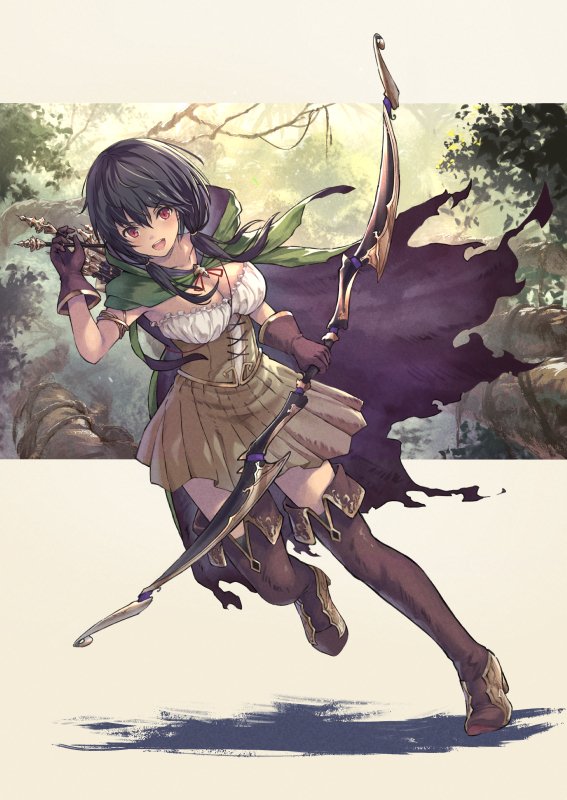 ouka (ra-raradan), original, commentary request, 1girl, :d, arrow (projectile), black hair, boots, bow (weapon), breasts, brown boots, brown gloves, brown skirt, cleavage, cloak, corset, forest, full body, gloves, green cloak, holding, holding arrow, holding bow (weapon), holding weapon, hood, hooded cloak, looking at viewer, nature, open mouth, quiver, red eyes, skirt, smile, solo, thigh boots, tree, weapon