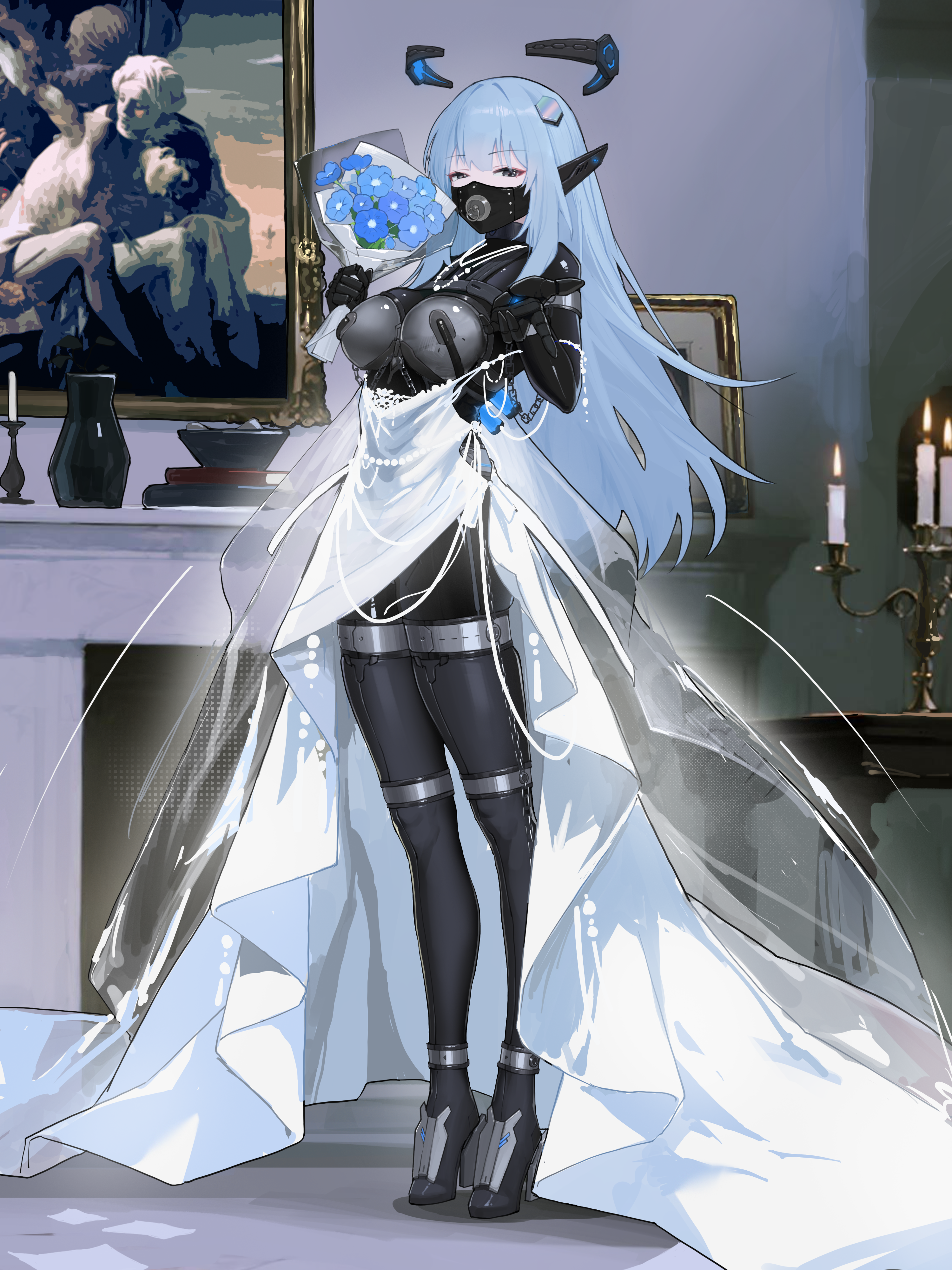 elegia, original, absurdres, highres, 1girl, blue hair, bodysuit, breasts, chastity belt, chastity bra, dress, elfreda cyania(elfreda cyania), flower, gag, gagged, grey eyes, high heels, indoors, large breasts, latex, latex bodysuit, long hair, looking at viewer, mecha musume, plug gag, skindentation, solo, standing, very long hair, wedding, wedding dress