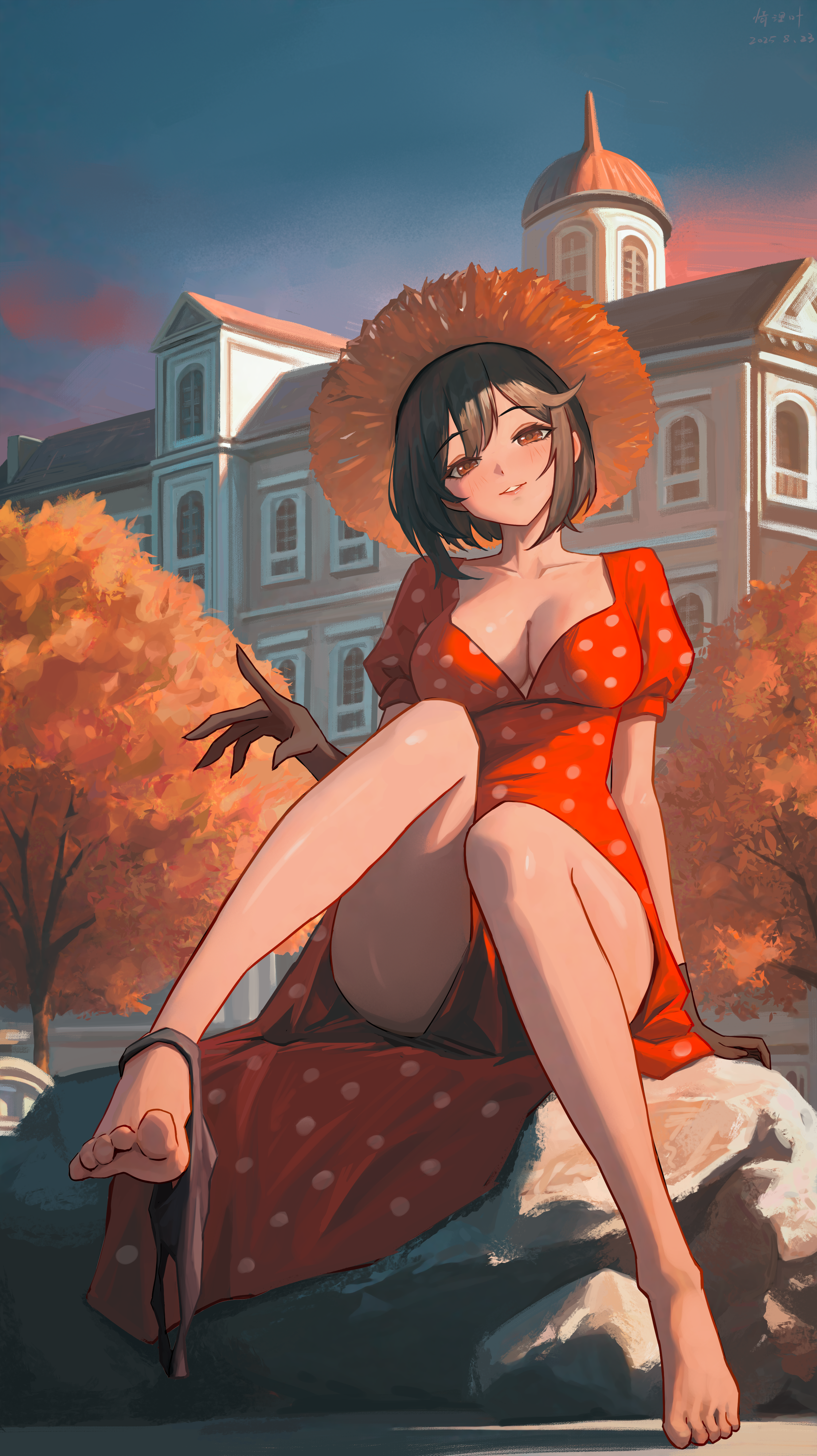 qingli ye, original, absurdres, commentary, commission, highres, pixiv commission, 1girl, black hair, black panties, breasts, building, cleavage, collarbone, dated, dress, full body, hat, head tilt, large breasts, looking at viewer, outdoors, panties, panties around leg, panty dangle, plunging neckline, polka dot, polka dot dress, puffy short sleeves, puffy sleeves, red dress, short hair, short sleeves, signature, smile, solo, straw hat, toes, underwear
