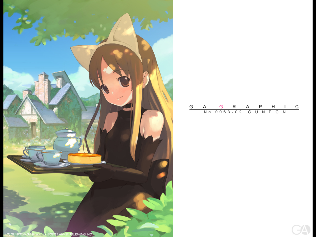 gunpom, gagraphic, 1girl, animal ears, blonde hair, brown eyes, brown hair, building, cat ears, cup, female focus, gloves, hairband, house, long hair, looking at viewer, outdoors, shade, smile, solo, tea, teacup, teapot, tray