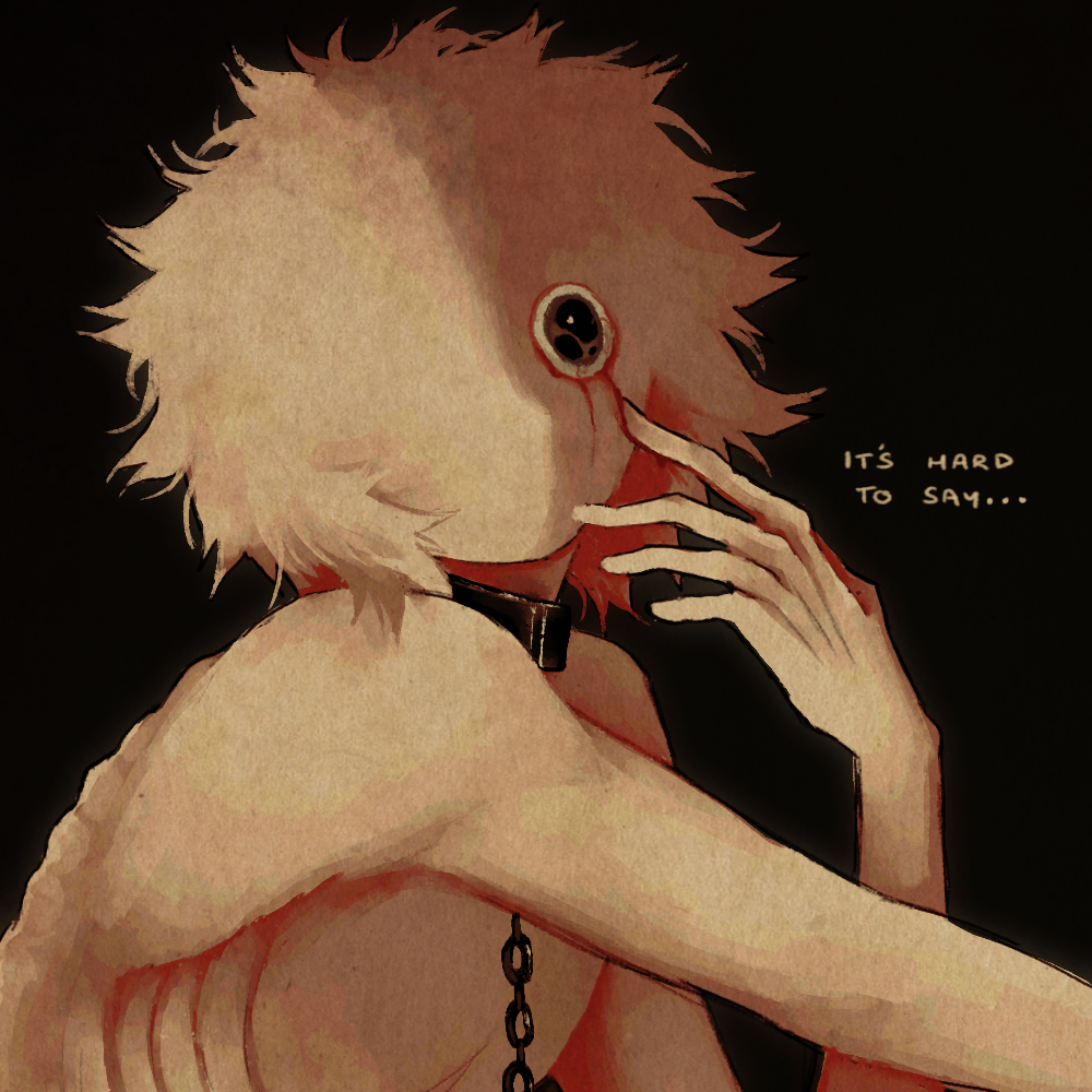 jejejunum, original, 1boy, black background, black collar, blood, chain, collar, english text, horror (theme), looking at viewer, monster boy, no mouth, scar, secret (jejejunum), short hair, simple background, solo, upper body
