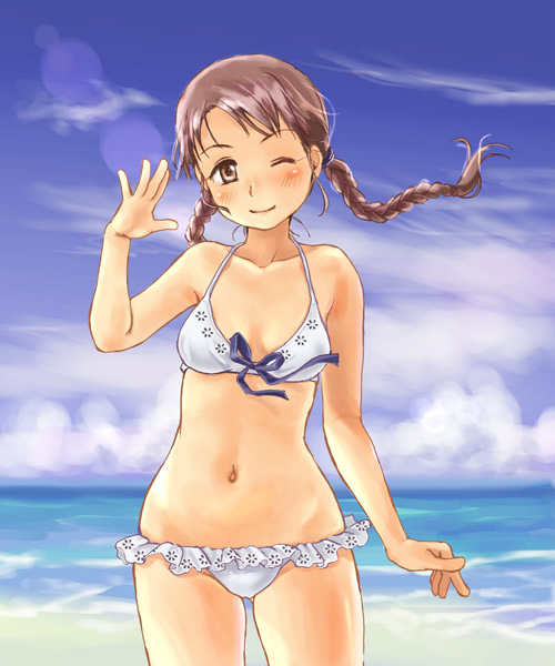 simon (kappa no kawanagare), original, 1girl, beach, bikini, braid, brown hair, bush, cloud, day, female focus, frilled bikini, frills, navel, ocean, one eye closed, outdoors, sky, solo, swimsuit, twin braids, water, waving, white bikini, wink