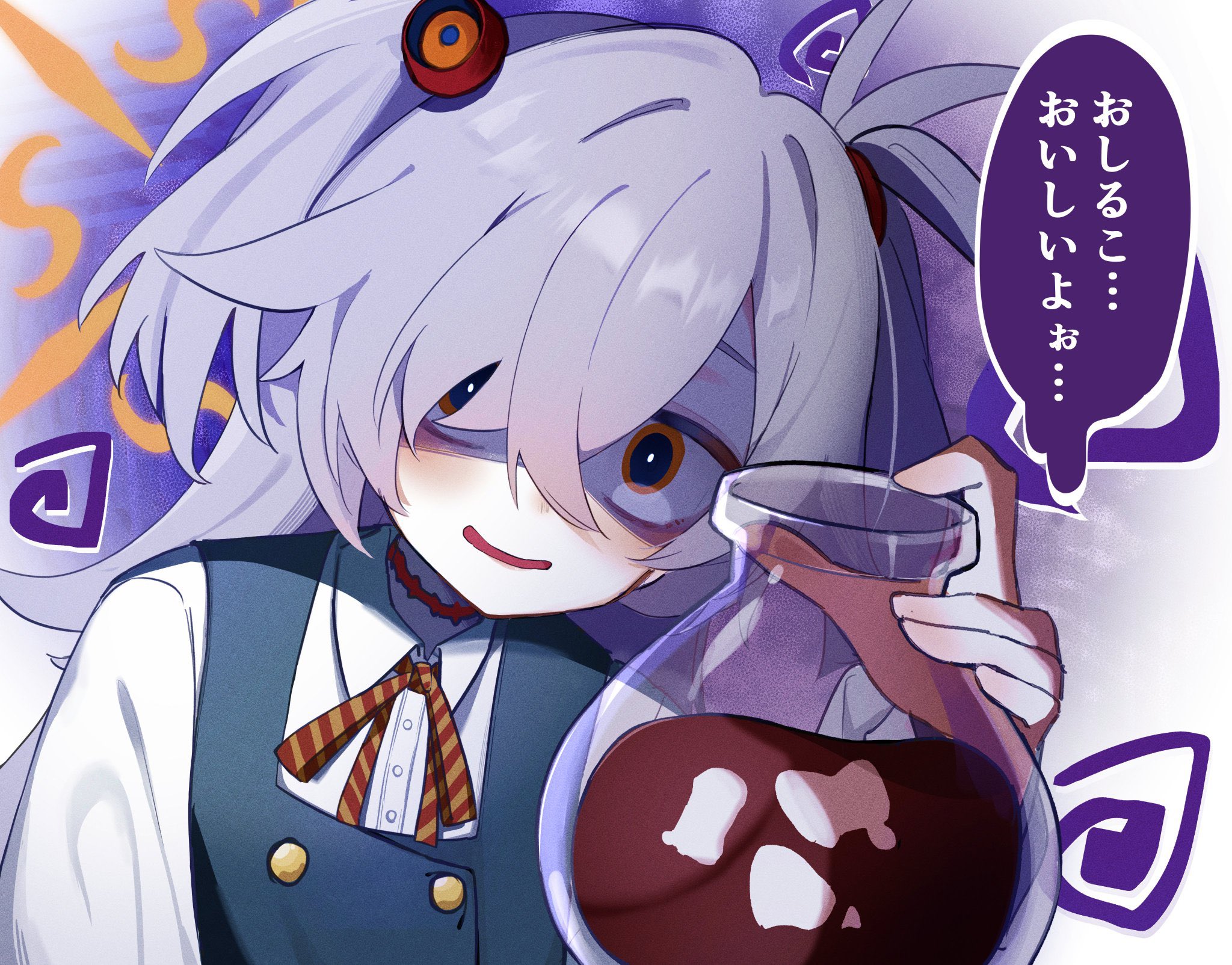 hukube kanchou, kanoe (blue archive), blue archive, highres, 1girl, choker, close-up, cuffs, dutch angle, grey hair, hair between eyes, hair ornament, halo, holding, long hair, long sleeves, looking at viewer, open mouth, orange eyes, orange halo, shirt, simple background, smile, solo, speech bubble, twintails, white background