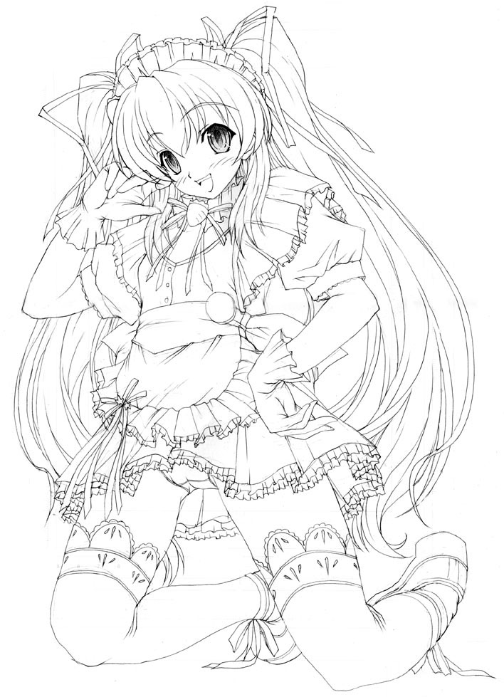 map (blue catty), aizawa tomomi, pia carrot (series), pia carrot e youkoso!!, lace-trimmed legwear, 1990s (style), 1girl, :d, female focus, greyscale, hand on own hip, kneeling, lace, lace trim, lingerie, maid, maid headdress, monochrome, open mouth, panties, petticoat, retro artstyle, smile, solo, thighhighs, underwear, waitress