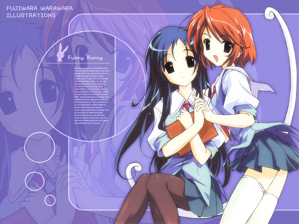 fujiwara warawara, 2girls, black hair, blue eyes, brown eyes, holding hands, interlocked fingers, multiple girls, necktie, open mouth, orange hair, pantyhose, pleated skirt, rabbit, school uniform, serafuku, short hair, skirt, tail, thighhighs, white thighhighs, zettai ryouiki, zoom layer