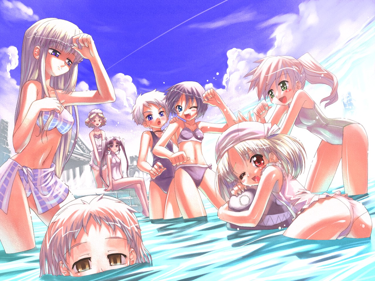 koume keito, aisha scarlet yang, alma hamillton, eliza lancaster, koe (sapphism), miliera, mirriela, nicolle gerald, niki baltretti, sapphism no gensou, 6+girls, ass, bent over, bikini, blonde hair, blue eyes, blush, choker, cloud, coe, competition swimsuit, crossed legs, day, everyone, flat chest, green eyes, happy, loli, long hair, maid, multiple girls, one-piece swimsuit, one eye closed, open mouth, outdoors, ponytail, purple eyes, purple hair, red eyes, sarong, school swimsuit, short hair, sitting, sky, smile, swim cap, swimsuit, twintails, very long hair, wading, water, white hair, wink, yellow eyes, yuri