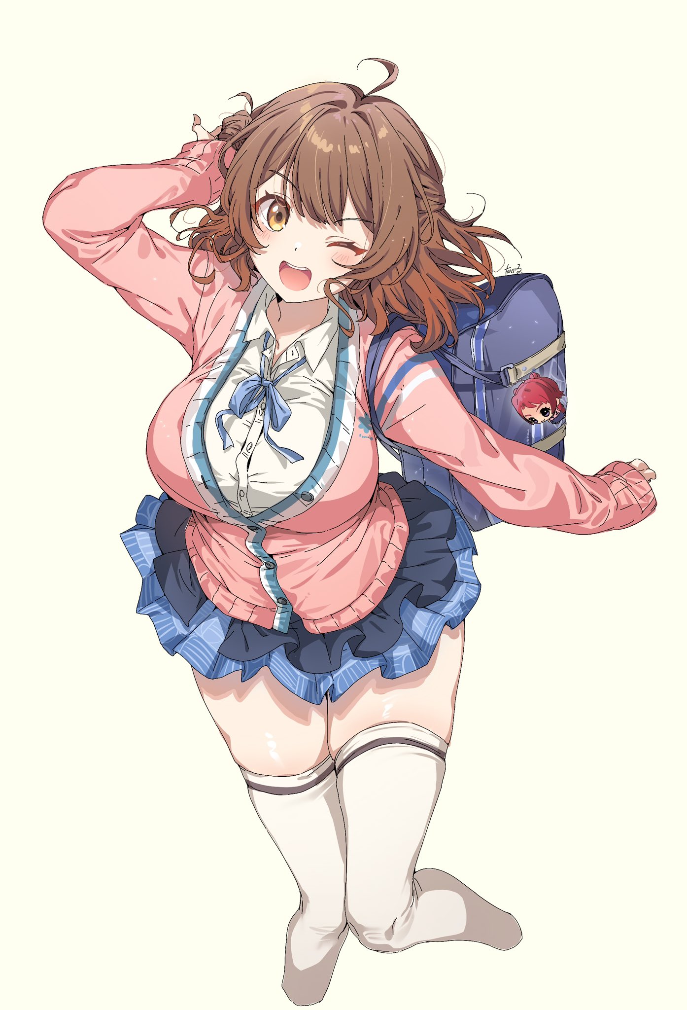 youguo naberu, hanami ume, gakuen idolmaster, idolmaster, highres, 1girl, backpack, bag, blue skirt, blush, breasts, brown eyes, brown hair, curly hair, large breasts, long hair, long sleeves, looking at viewer, open mouth, pink sweater, shirt, simple background, skirt, sleeves past wrists, smile, solo, sweater, thighhighs, white shirt, white thighhighs, yellow background