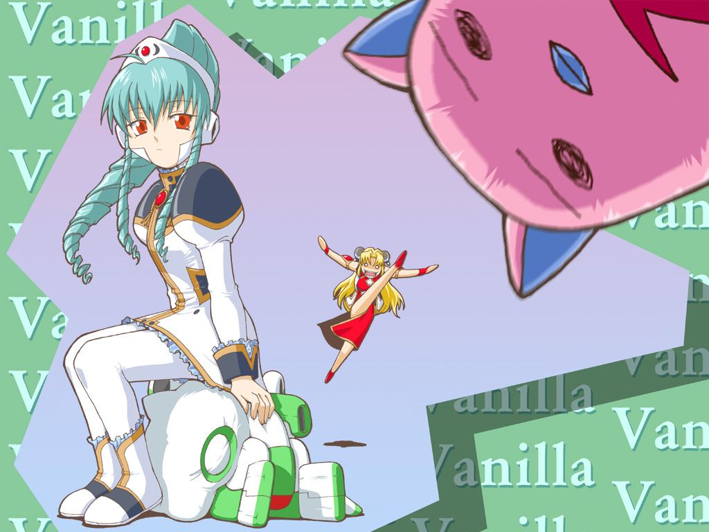 haganemaru kennosuke, normad, ranpha franboise, vanilla h, broccoli (company), galaxy angel, 00s, 2girls, arm support, blonde hair, character name, china dress, chinese clothes, dress, expressionless, green hair, kicking, long hair, looking at viewer, multiple girls, outstretched arms, pantyhose, puffy sleeves, red eyes, ringlets, sharp teeth, sitting, spread arms, teeth, very long hair